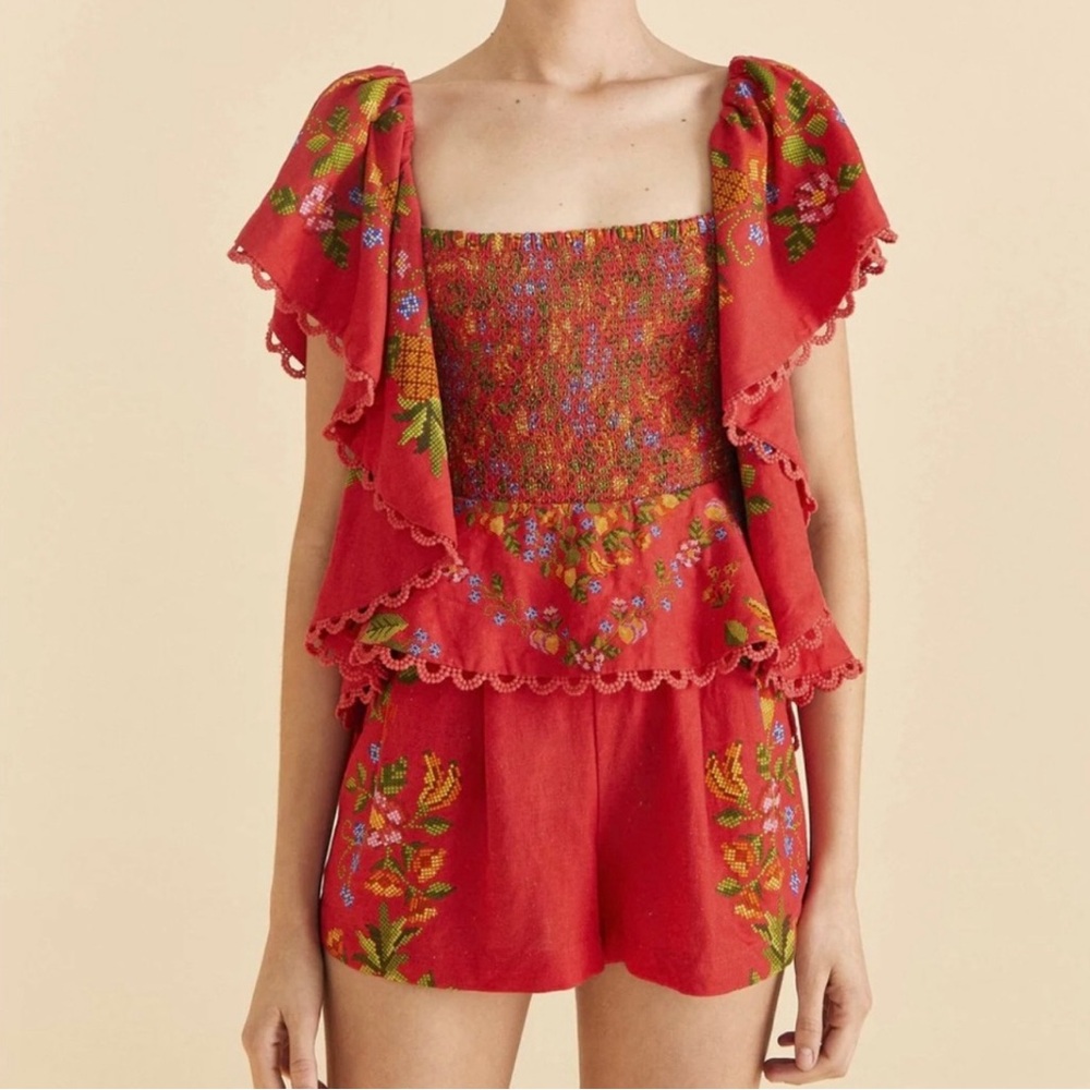 Farm Rio Red Tropical Romance Romper Medium- NWT